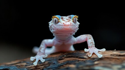 Poster - Close up of a White Rough Knob Tailed Gecko perched on a textured wood surface, revealing intricate skin patterns, vibrant blue eye markings, against dark background in studio setting. Studio light