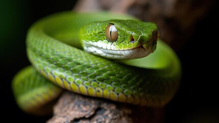 Aufkleber - Macro shot of a vibrant green pit viper coiled on a branch, showcasing its intricate scale pattern and striking eyes, set against a blurred dark background. The snake's sleek, muscular body and