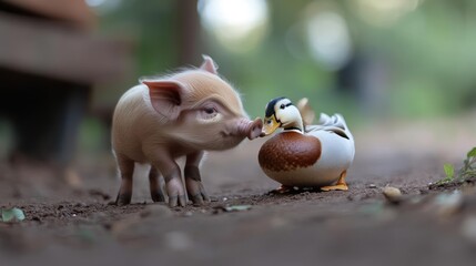 Poster - A close-up view shows a light pink piglet nuzzling a brown and white duck on a dirt path, with soft light and a blurred background of green foliage and brown elements, creating a whimsical and