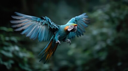 Poster - Captured mid-flight, a blue parrot showcases its impressive wingspan against a backdrop of lush green trees, blending wildlife photography with nature's serene palette. The bird's plumage details are