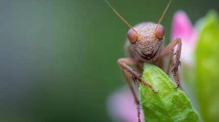 Poster - Detailed close-up of a brown praying mantis perched on a vibrant green leaf, complemented by soft pink floral accents against a blurred background. The mantis gazes directly forward, its intricate