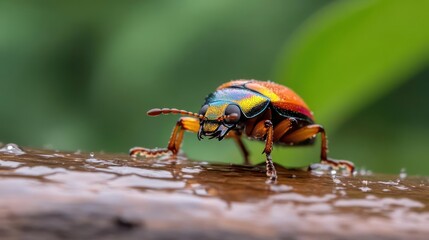 Poster - Close-up of a vibrant iridescent beetle on a wet, textured wooden surface with a blurred green foliage background. The beetle showcases a striking mix of colors, highlighted by natural lighting that