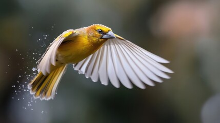 Fototapete - A vibrant golden weaver bird soars dynamically, its white wings outstretched, against a blurred green background. The bird's yellow feathers glisten, creating a vivid contrast in this wildlife