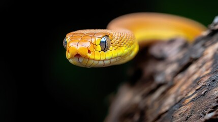 Poster - Close-up shot of a yellow snake with its head facing forward. The snake is wrapped around a tree branch and set against a dark, blurry background. The snake's head and eyes are in focus, while the