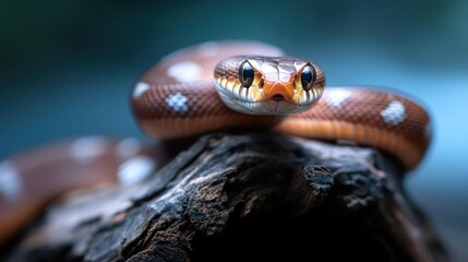 Poster - Close up shot of a brown snake with white spots resting on a weathered tree branch, featuring a blue and green bokeh background. The snake's head is in focus, showcasing its eyes and scales