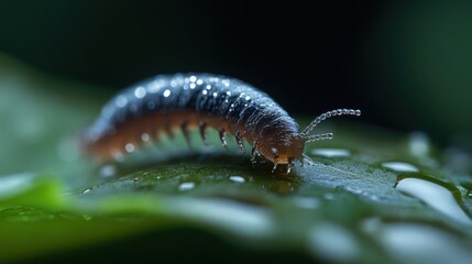 Aufkleber - Detailed macro shot capturing a millipede with a shiny, segmented body on a glossy green leaf covered in water droplets, set against a dark, blurred backdrop. The insect's antennae are visible