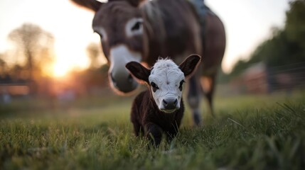Aufkleber - Close up of a brown calf with a white face walking through a grassy field with a brown donkey in the background at sunset. The calf is the focal point, set against a warm, blurred background