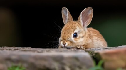 Poster - A closeup of a cute, light brown rabbit resting its chin on a rough stone surface. The rabbit's fur is speckled, its ears are perked, and its eyes are bright. The background is a soft, dark green