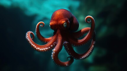 Poster - A striking closeup of an orange octopus swimming in dark waters with a blurred blue backdrop. The octopus features a textured body, curling tentacles, and captivating eyes, all illuminated by a