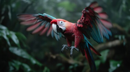 Aufkleber - Vibrant scarlet macaw in dynamic flight with wings spread wide, set against a backdrop of lush, dark green foliage. Focused depth of field highlights the bird's colorful plumage and detailed