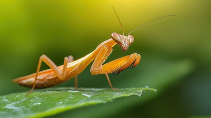 Poster - Close up shot of a praying mantis in warm yellow orange color sitting on a green leaf with blurred yellow and green background. Macro photo of insect in nature with clear lighting