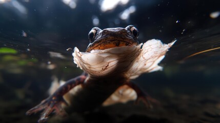 Poster - A close-up underwater shot of a newt with a brown and white body swimming in clear water. Bubbles add a dynamic element, creating a vivid representation of aquatic life. The natural lighting enhances
