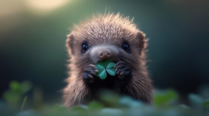 Aufkleber - Close-up of a cute, brown hedgehog holding a vibrant green clover in its tiny paws, set against a soft, out-of-focus green background. The animal's adorable face is centered in the frame