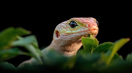 Poster - Close-up of a lizard with a green head and tan body peering out from a patch of green leaves against a dark background. The lizard's eye is black and round, catching the light and emphasizing its