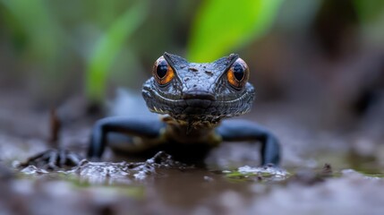 Aufkleber - Close up of a black alpine newt standing in muddy water with bright orange eyes looking directly at the camera. The background consists of blurry green plants and dark soil. The lighting is natural