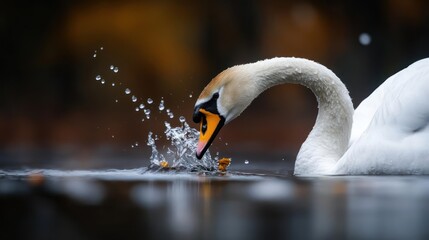 Aufkleber - Close up shot of a graceful white swan dipping its head into calm water creating splashing droplets with reflections on the water surface with an out-of-focus background of trees and foliage