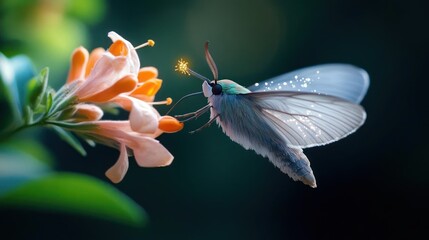 Aufkleber - A butterfly on a flower displays delicate, light blue wings contrasted by bright orange flowers, with a soft, blurred background that enhances the focus on the butterfly and flower