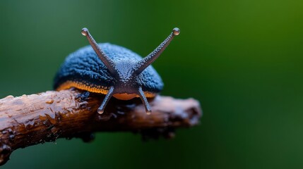 Poster - Close up studio shot of a black snail, with an orange underbelly, perched on a small twig against a blurred green background. The focus is sharp on the snail's body and antennae