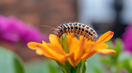 Aufkleber - Macro shot showcasing a hairy caterpillar with black and orange markings resting atop a vibrant orange flower, with lush green leaves and blurred pink floral background