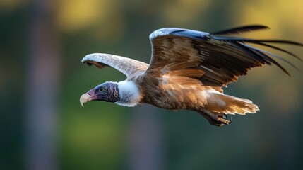 Aufkleber - Detailed shot of a vulture flying with wings spread and head facing left. The vulture has a feathered head and dark beak, set against a blurred green and golden background in morning sunlight