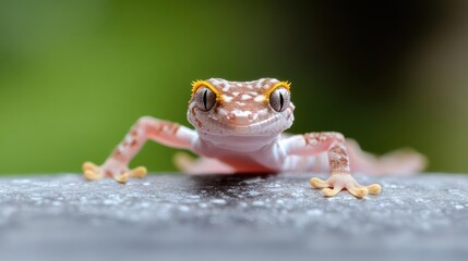 Poster - Close-up of a small gecko with distinctive orange eyebrows and a pattern of white and brown spots on its body, perched on a gray stone surface with a blurred green background, creating a focused