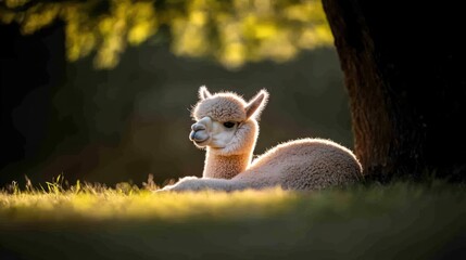 Poster - Portrait of a fluffy white alpaca lying down on green grass under a tree, bathed in golden sunlight. The alpaca faces left, casting a soft shadow, set against a bokeh backdrop of trees and foliage