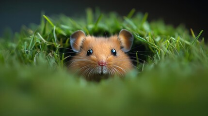 Poster - Close-up of a golden brown field mouse, partially concealed within vibrant green grass, its whiskers adorned with tiny water droplets under soft, natural lighting, creating a serene and intimate