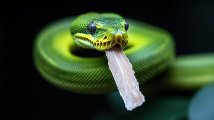 Leinwandbilder - A vibrant green tree python is coiled tightly, consuming a pale prey item against a blurred dark background. The focus highlights the snake's scales and distinctive facial markings as it feeds