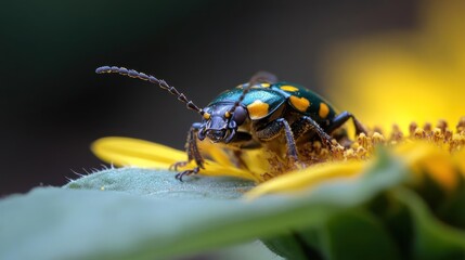 Poster - Macro photograph captures a vibrant green beetle with iridescent spots perched on a bright yellow sunflower, showcasing intricate details against a softly blurred background of green and dark tones
