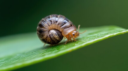 Poster - A close up shot features a pill bug curled up on a vibrant green leaf. The pill bug exhibits a patterned shell, and its legs are visible beneath. The background is a soft, blurred green, emphasizing