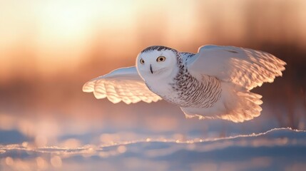 Aufkleber - Majestic snowy owl in mid-flight, wings spread wide against a backdrop of soft, golden light during daytime. The owl's white plumage contrasts with the blue-tinged snow below, creating a serene and