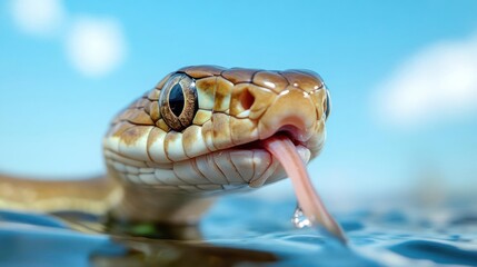 Poster - Close-up of a snake's head in water, highlighting its wet, scaly skin, forked tongue, and reflective eyes against a blurry background of water and sky showcasing the natural beauty of wildlife
