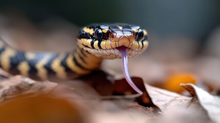Aufkleber - A close up shot captures a vibrant yellow and black striped snake, its head in focus as it extends a forked tongue. The snake rests among dry leaves with a blurred forest backdrop, highlighted by