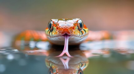 Poster - Close-up shot of a vibrant orange and white snake with its tongue extended, reflected in a shallow, reflective surface against a blurred background. Focus on the snake's head, tongue, and the water's