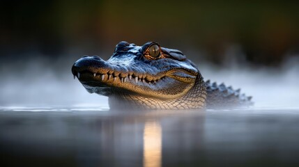 Aufkleber - A close-up shot of an alligator emerging from the water, its dark scales contrasting with the soft, misty background. The alligator's eyes gleam, and the water reflects a golden light, creating a