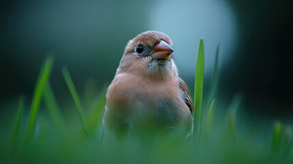 Poster - A small brown bird with a lighter chest sits among bright green grass blades. The bird is the primary focus, detailed and centered. The background is blurred green, creating a natural setting