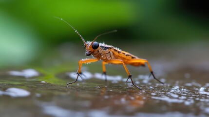 Poster - Macro shot captures an orange insect covered in water droplets, perched on a reflective surface. Against a blurred green backdrop, the insect's delicate features and the shimmering water create a