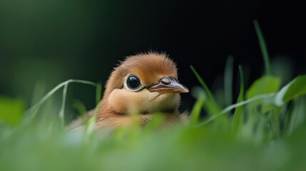 Poster - Close-up shot of a brown fledgling bird nestled in vibrant green grass with dark background. The image captures soft, diffused lighting, highlighting the delicate features of the young bird