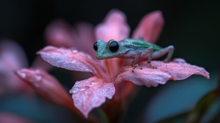 Aufkleber - A small green tree frog with black eyes perches on a blooming pink flower, its surface covered in tiny water droplets. The background is a soft, blurred mix of dark greens and blues