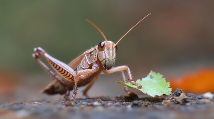 Poster - Close up macro shot of a brown grasshopper with long antennae, eating a green leaf. The background is blurred, featuring natural colors and an orange blob. The image is a detailed look at the