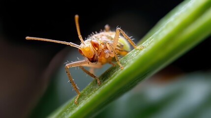 Aufkleber - A macro shot features a small, orange insect clinging to a vibrant green stem, with tiny dewdrops adorning its body. The insect is positioned at a diagonal angle, and the background is a blurred dark