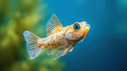 Poster - Detailed eye-level close up of a small orange and brown fish with iridescent scales, set against a blurred background of green seaweed and deep blue water, highlighting marine wildlife and vibrant