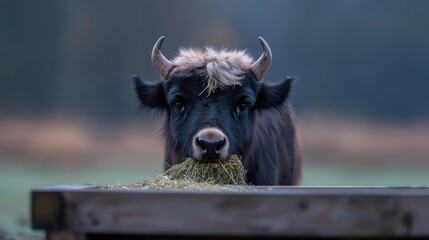 Poster - Close up shot of a European bison eating from a wooden feeder. The animal's head and shoulders are visible, its black fur and small horns covered in a light frost, set against a blurred background of