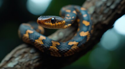 Aufkleber - A vibrant orange spotted snake coiled on a branch with a blurred forest background under natural lighting. The reptile's vivid colors stand out against the green backdrop