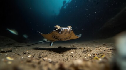 Poster - A majestic spotted eagle ray gracefully glides above the sandy ocean floor, illuminated by dappled sunlight filtering through the dark blue water. Marine wildlife photography
