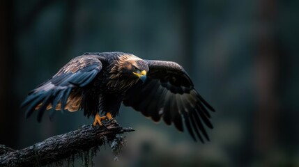 Fototapete - A striking wet golden eagle perched on a mossy branch against a dark forest backdrop, wings partially spread. It is in a low angle, capturing the bird's intense gaze and plumage detail