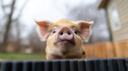 Aufkleber - A portrait photo with a low angle of a piglet with big snout looking at the camera, outdoor area with blurred background and fences, the pig has soft warm color and details on the snout