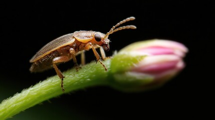 Aufkleber - Macro shot of a small, orange beetle, covered in tiny droplets, perched atop a slender green stem with a pink and white flower bud against a dark, blurry background, capturing the detail and texture
