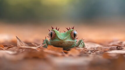 Aufkleber - Close up of a small green frog with red spikes on its head and body, positioned amongst fallen brown leaves on the ground, with a softly blurred background of green and brown hues