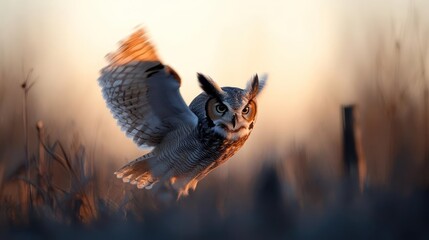 Aufkleber - A great horned owl with mottled brown and white feathers in mid-flight, wings spread. The owl is centered against a blurred background of dry grass and a soft, warm-toned sky during golden hour